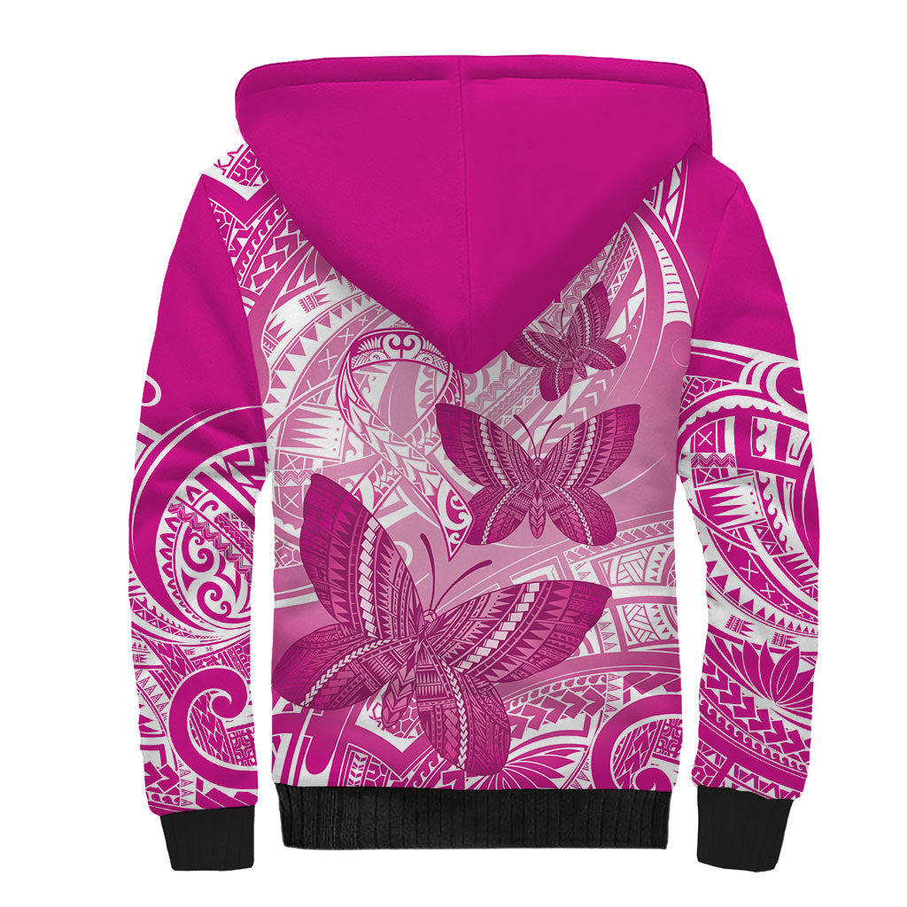 Personalised Polynesia Breast Cancer Support Sherpa Hoodie Think Pink Ribbon Polynesian Butterflies