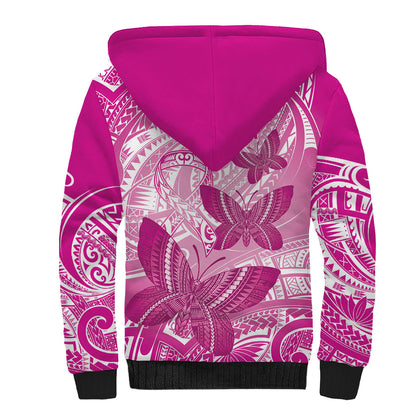 Personalised Polynesia Breast Cancer Support Sherpa Hoodie Think Pink Ribbon Polynesian Butterflies