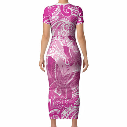 Personalised Polynesia Breast Cancer Support Short Sleeve Bodycon Dress Think Pink Ribbon Polynesian Butterflies