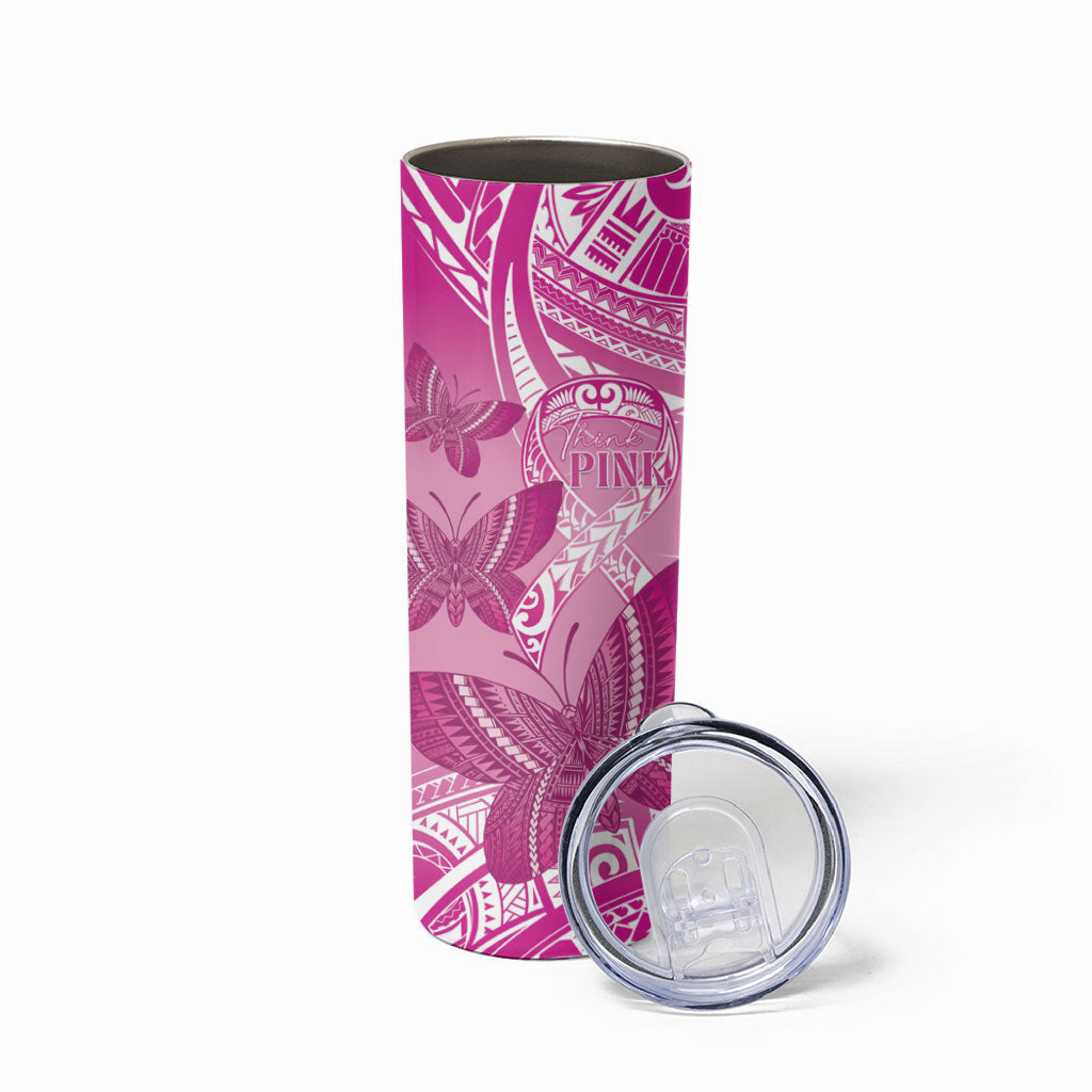 Personalised Polynesia Breast Cancer Support Skinny Tumbler Think Pink Ribbon Polynesian Butterflies