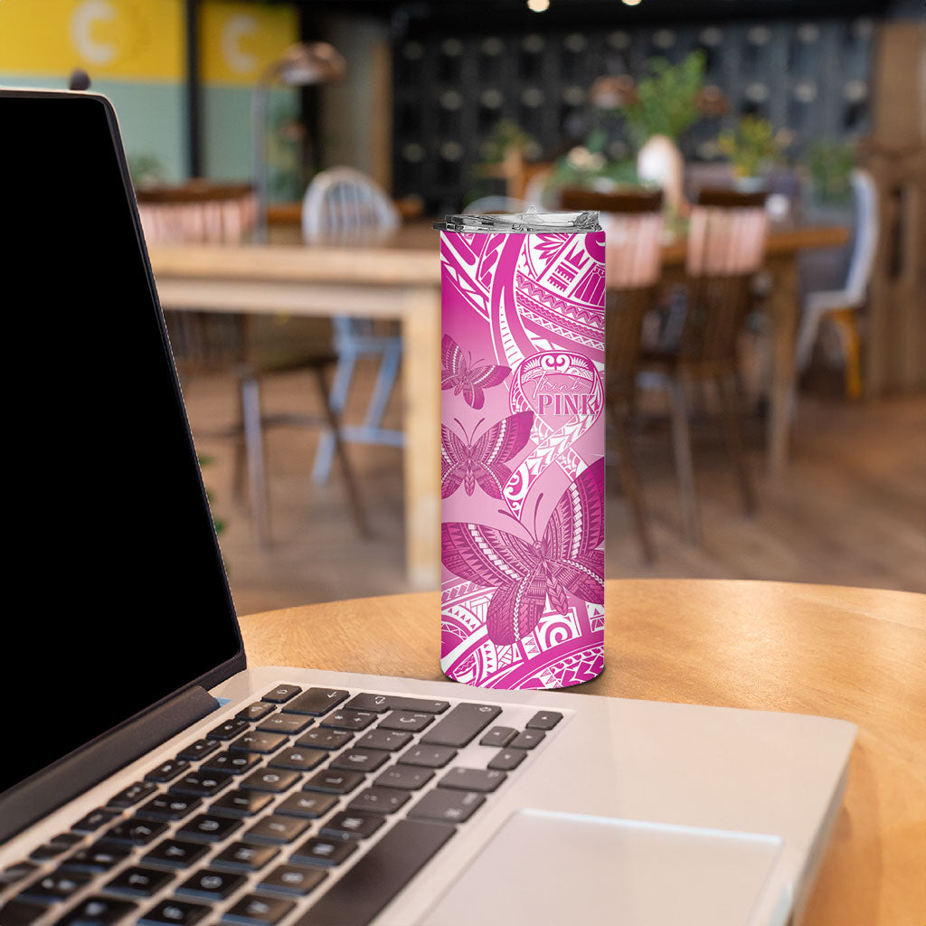 Personalised Polynesia Breast Cancer Support Skinny Tumbler Think Pink Ribbon Polynesian Butterflies