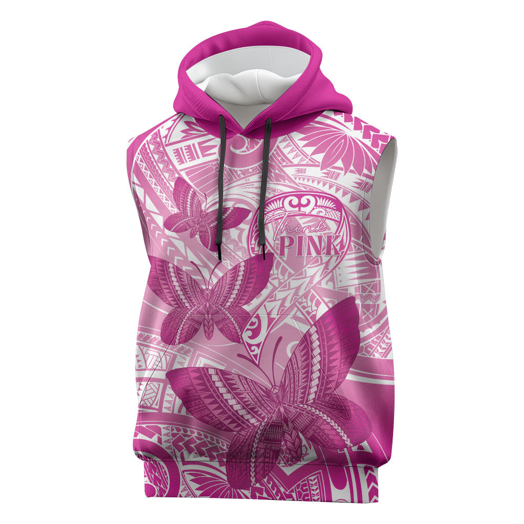 Personalised Polynesia Breast Cancer Support Sleeveless Hoodie Think Pink Ribbon Polynesian Butterflies