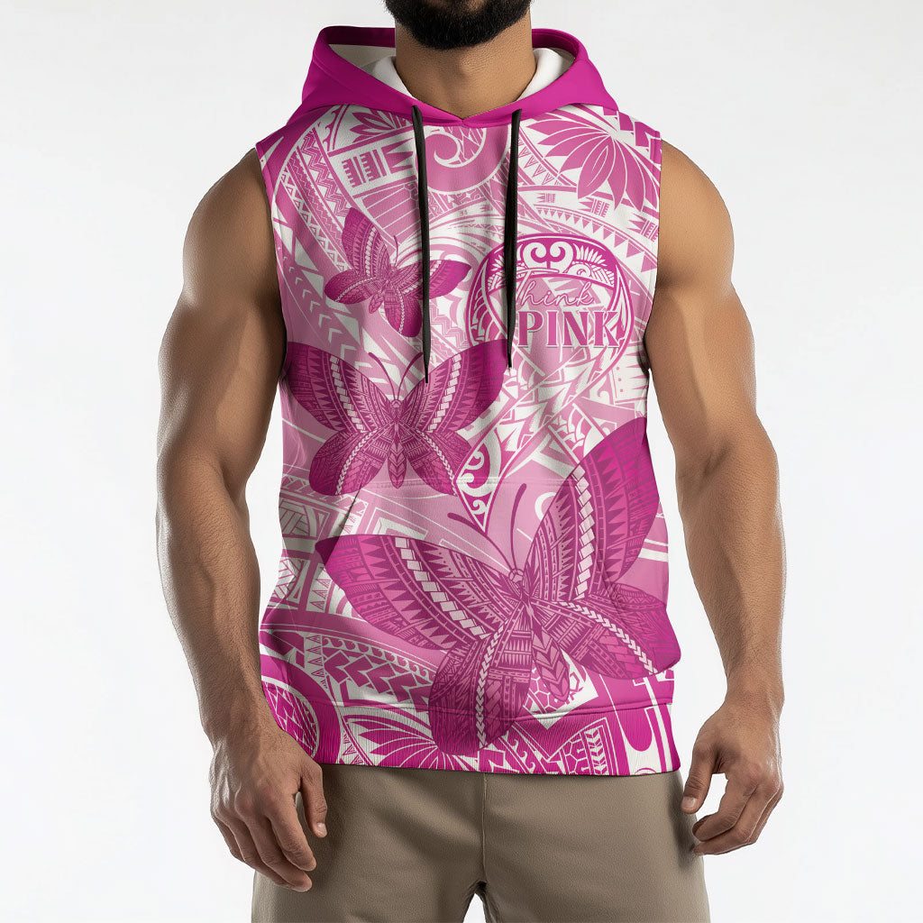 Personalised Polynesia Breast Cancer Support Sleeveless Hoodie Think Pink Ribbon Polynesian Butterflies