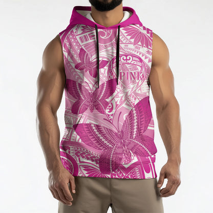 Personalised Polynesia Breast Cancer Support Sleeveless Hoodie Think Pink Ribbon Polynesian Butterflies