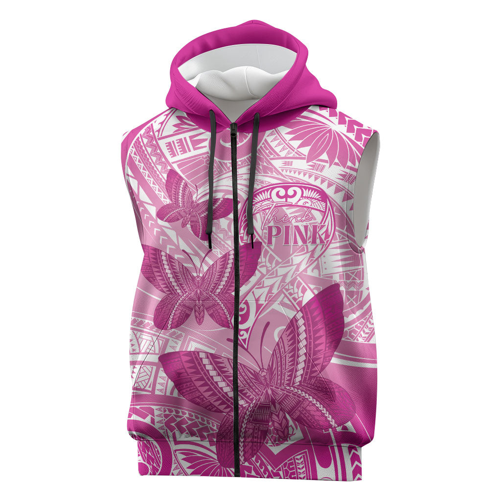 Personalised Polynesia Breast Cancer Support Sleeveless Zip Hoodie Think Pink Ribbon Polynesian Butterflies