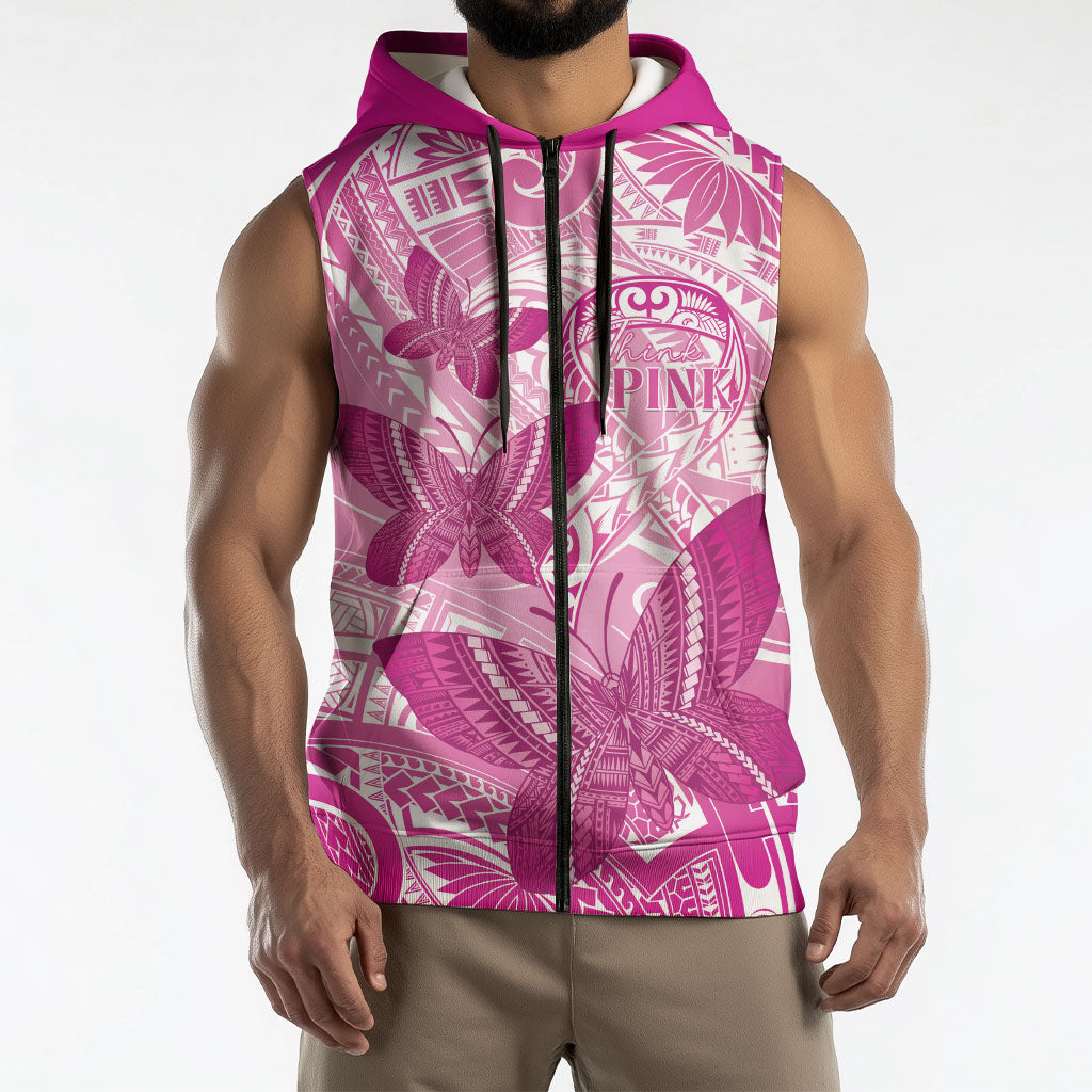 Personalised Polynesia Breast Cancer Support Sleeveless Zip Hoodie Think Pink Ribbon Polynesian Butterflies