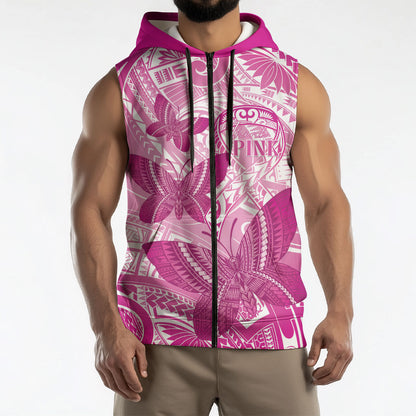 Personalised Polynesia Breast Cancer Support Sleeveless Zip Hoodie Think Pink Ribbon Polynesian Butterflies