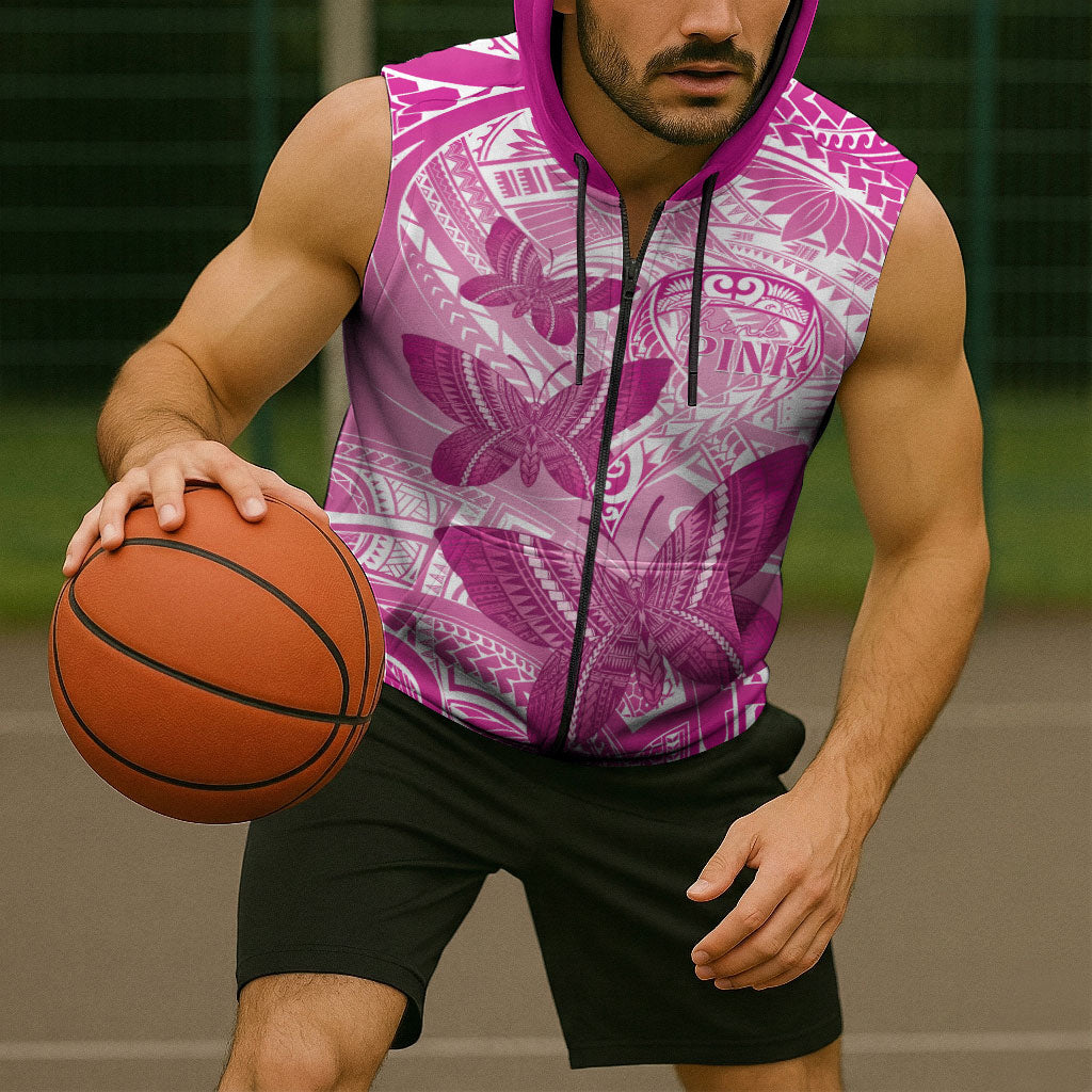 Personalised Polynesia Breast Cancer Support Sleeveless Zip Hoodie Think Pink Ribbon Polynesian Butterflies