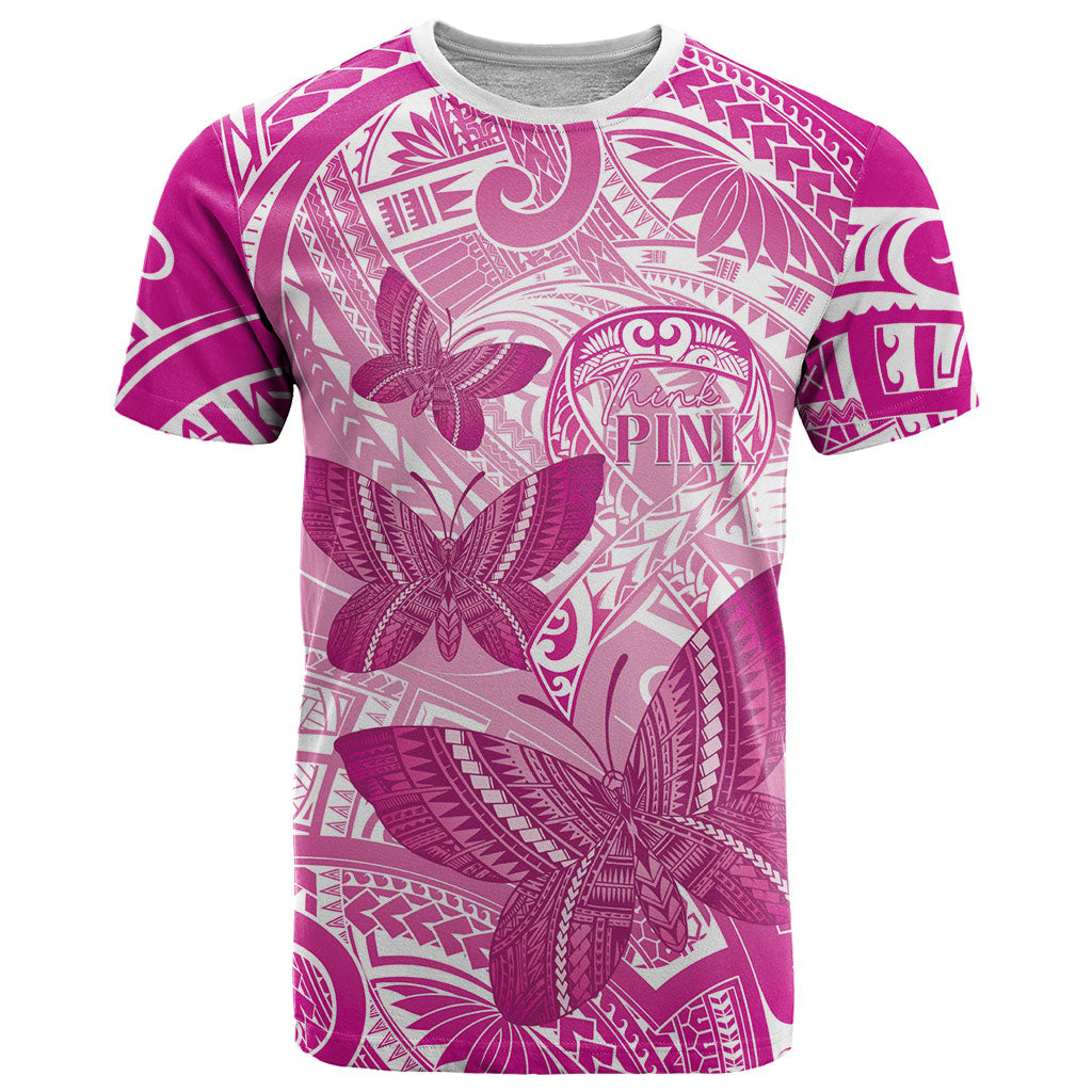Personalised Polynesia Breast Cancer Support T Shirt Think Pink Ribbon Polynesian Butterflies