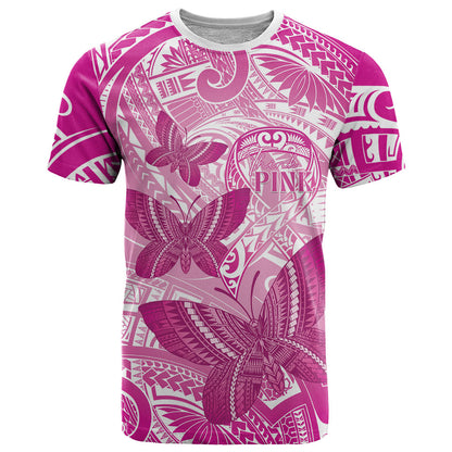 Personalised Polynesia Breast Cancer Support T Shirt Think Pink Ribbon Polynesian Butterflies