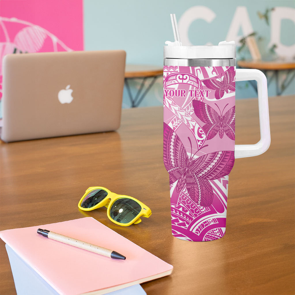 Personalised Polynesia Breast Cancer Support Tumbler With Handle Think Pink Ribbon Polynesian Butterflies