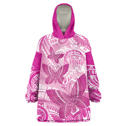 Personalised Polynesia Breast Cancer Support Wearable Blanket Hoodie Think Pink Ribbon Polynesian Butterflies