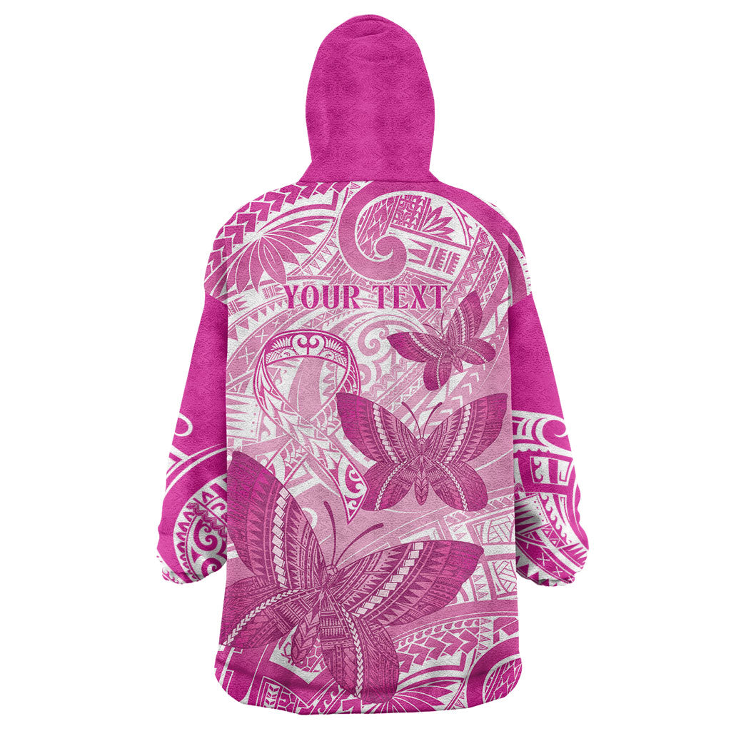 Personalised Polynesia Breast Cancer Support Wearable Blanket Hoodie Think Pink Ribbon Polynesian Butterflies
