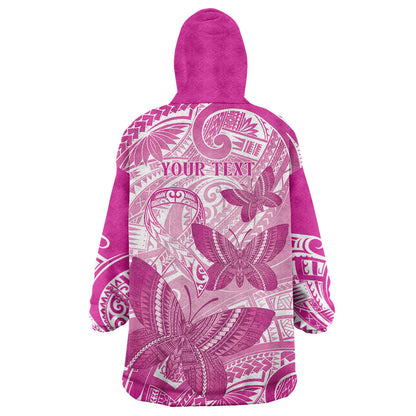 Personalised Polynesia Breast Cancer Support Wearable Blanket Hoodie Think Pink Ribbon Polynesian Butterflies