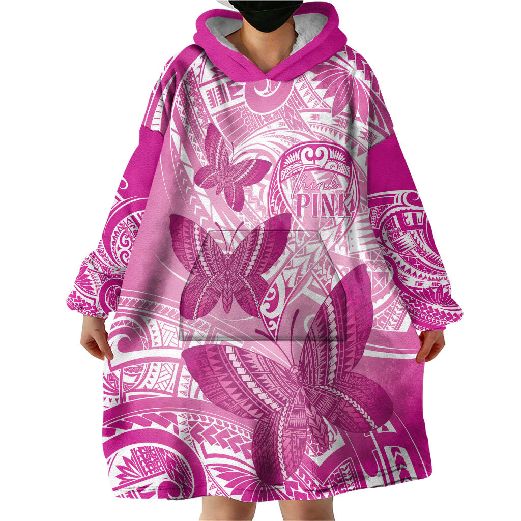 Personalised Polynesia Breast Cancer Support Wearable Blanket Hoodie Think Pink Ribbon Polynesian Butterflies