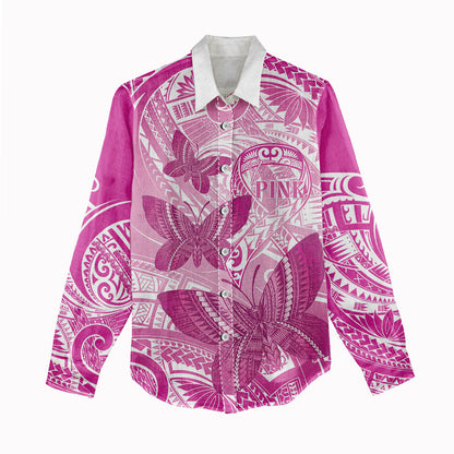 Personalised Polynesia Breast Cancer Support Women Casual Shirt Think Pink Ribbon Polynesian Butterflies