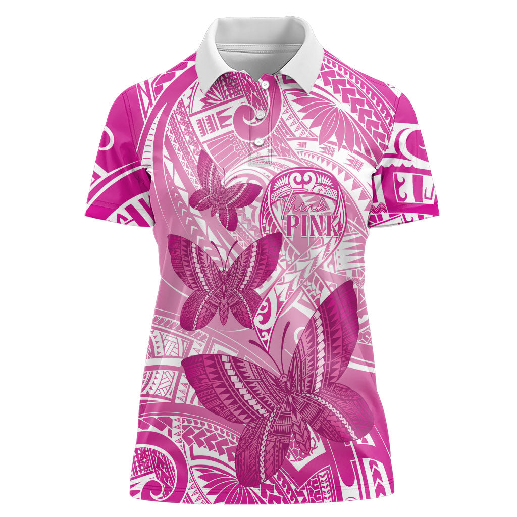 Personalised Polynesia Breast Cancer Support Women Polo Shirt Think Pink Ribbon Polynesian Butterflies