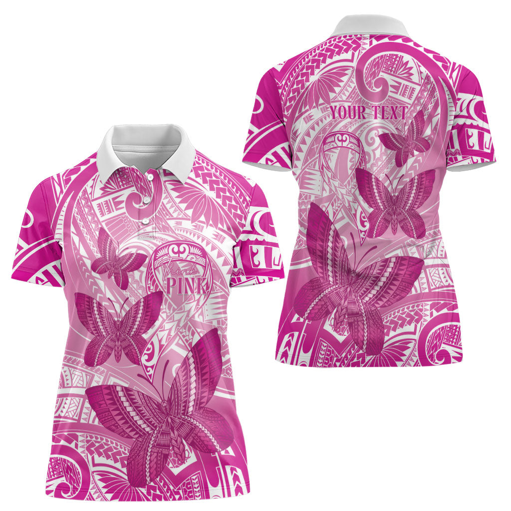 Personalised Polynesia Breast Cancer Support Women Polo Shirt Think Pink Ribbon Polynesian Butterflies