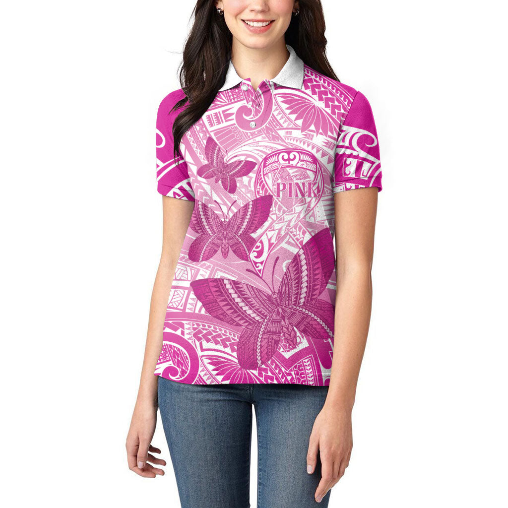 Personalised Polynesia Breast Cancer Support Women Polo Shirt Think Pink Ribbon Polynesian Butterflies