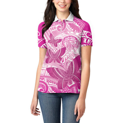 Personalised Polynesia Breast Cancer Support Women Polo Shirt Think Pink Ribbon Polynesian Butterflies