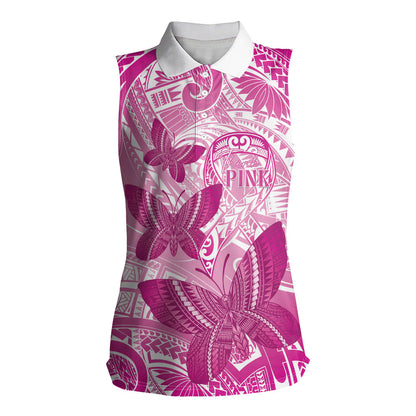 Personalised Polynesia Breast Cancer Support Women Sleeveless Polo Shirt Think Pink Ribbon Polynesian Butterflies