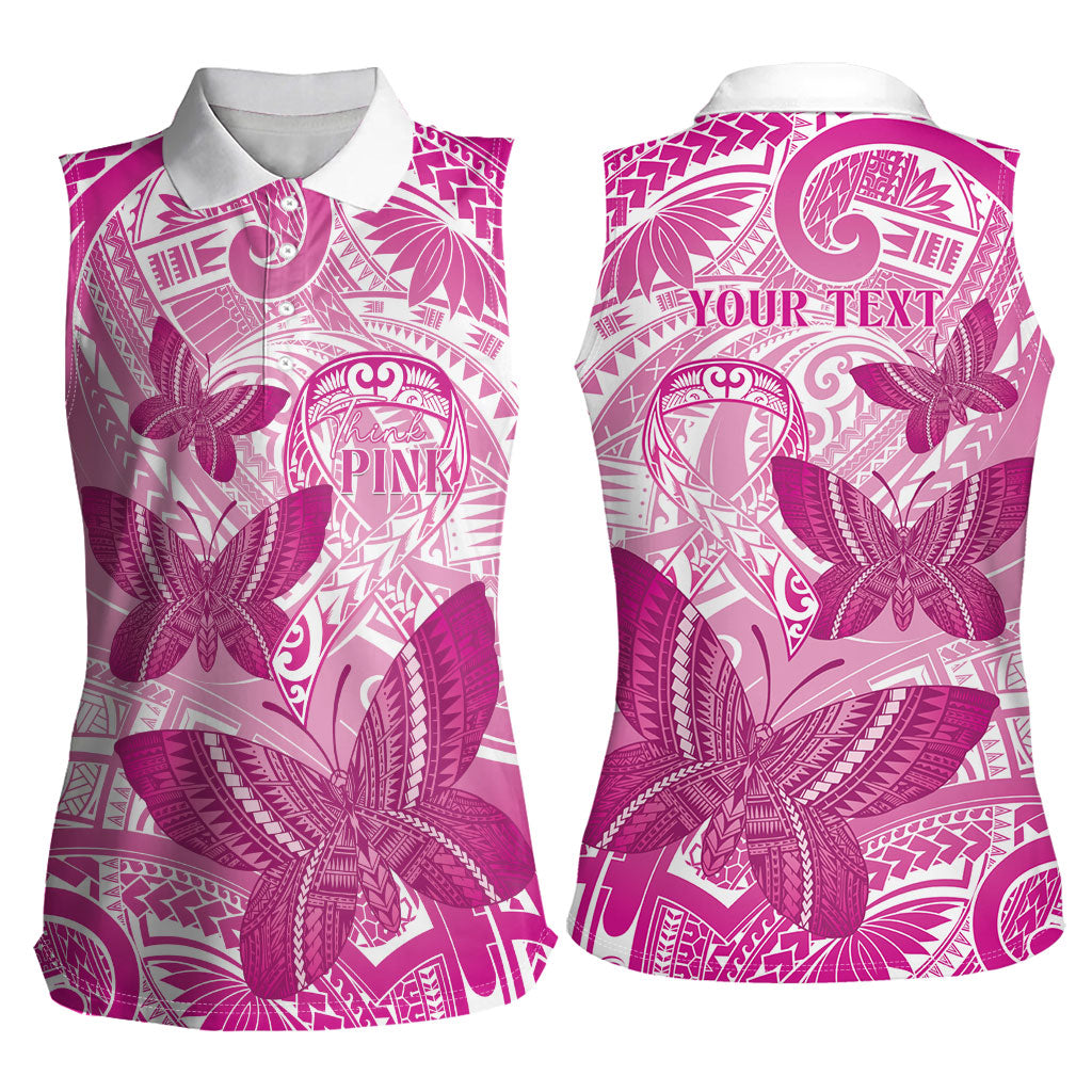 Personalised Polynesia Breast Cancer Support Women Sleeveless Polo Shirt Think Pink Ribbon Polynesian Butterflies