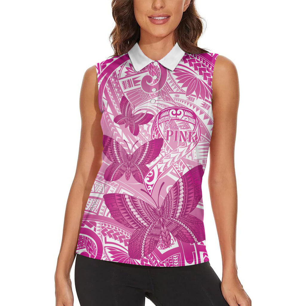 Personalised Polynesia Breast Cancer Support Women Sleeveless Polo Shirt Think Pink Ribbon Polynesian Butterflies