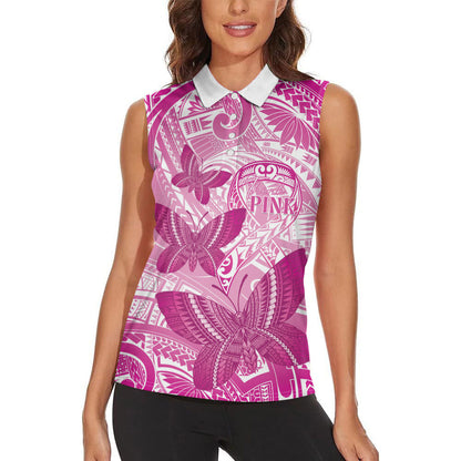 Personalised Polynesia Breast Cancer Support Women Sleeveless Polo Shirt Think Pink Ribbon Polynesian Butterflies