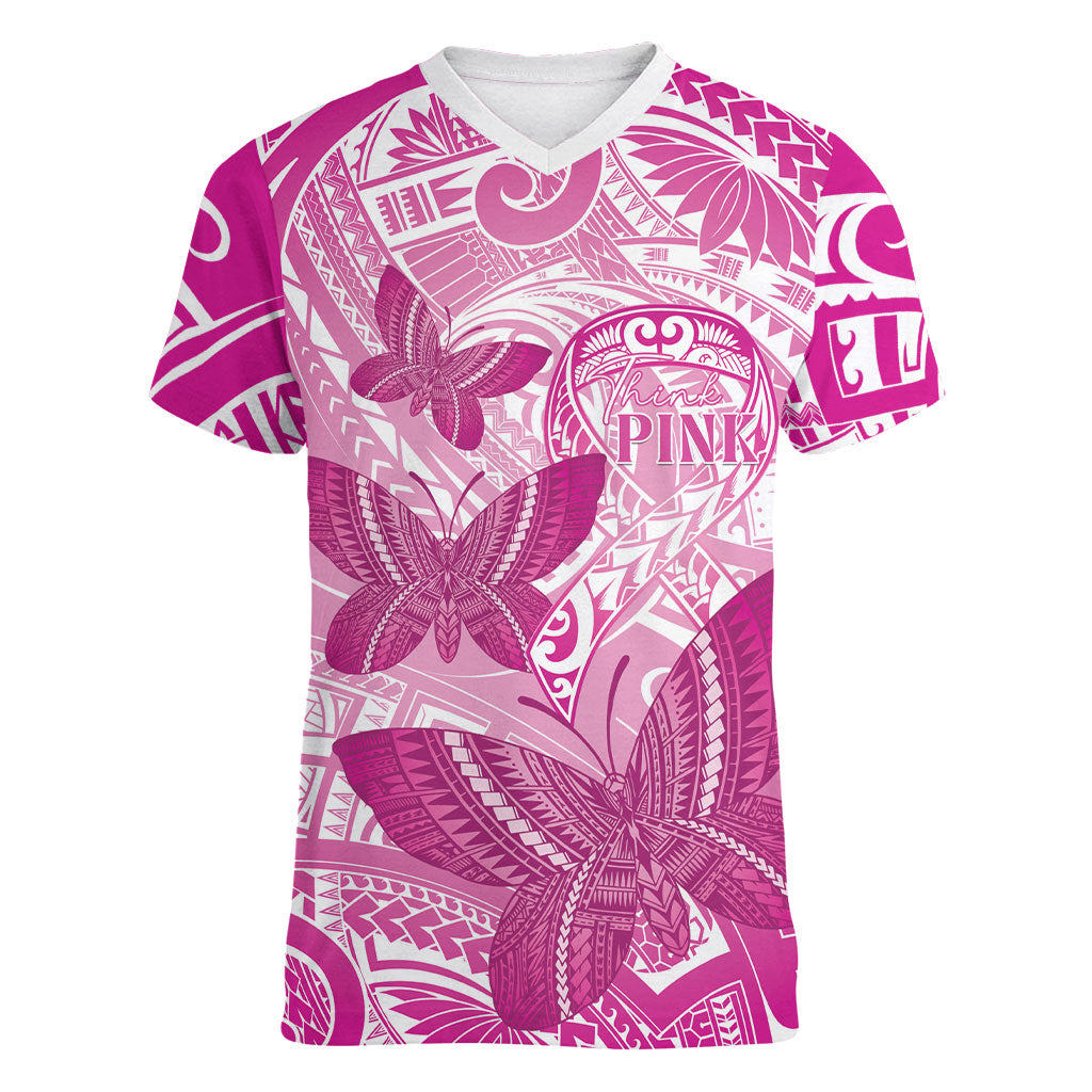 Personalised Polynesia Breast Cancer Support Women V-Neck T-Shirt Think Pink Ribbon Polynesian Butterflies