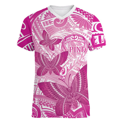 Personalised Polynesia Breast Cancer Support Women V-Neck T-Shirt Think Pink Ribbon Polynesian Butterflies