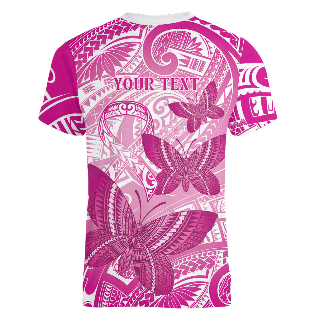 Personalised Polynesia Breast Cancer Support Women V-Neck T-Shirt Think Pink Ribbon Polynesian Butterflies