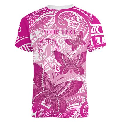 Personalised Polynesia Breast Cancer Support Women V-Neck T-Shirt Think Pink Ribbon Polynesian Butterflies