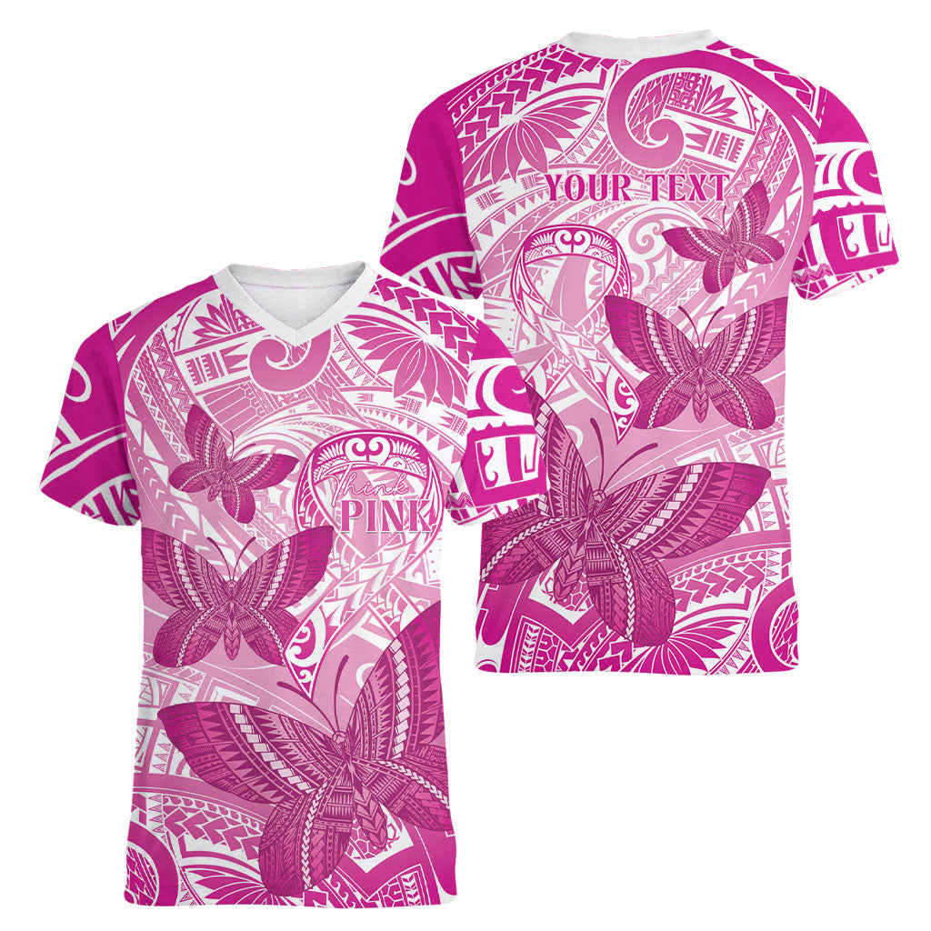 Personalised Polynesia Breast Cancer Support Women V-Neck T-Shirt Think Pink Ribbon Polynesian Butterflies
