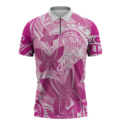 Personalised Polynesia Breast Cancer Support Zipper Polo Shirt Think Pink Ribbon Polynesian Butterflies