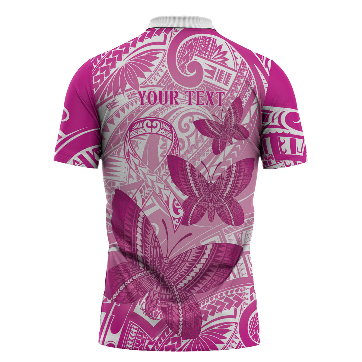 Personalised Polynesia Breast Cancer Support Zipper Polo Shirt Think Pink Ribbon Polynesian Butterflies