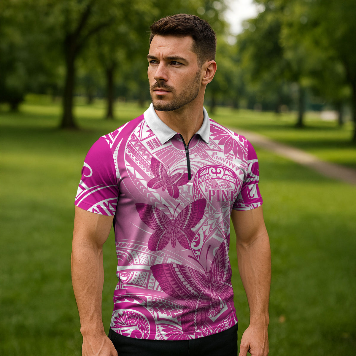 Personalised Polynesia Breast Cancer Support Zipper Polo Shirt Think Pink Ribbon Polynesian Butterflies