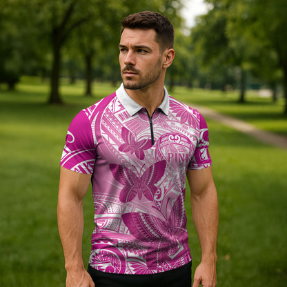 Personalised Polynesia Breast Cancer Support Zipper Polo Shirt Think Pink Ribbon Polynesian Butterflies