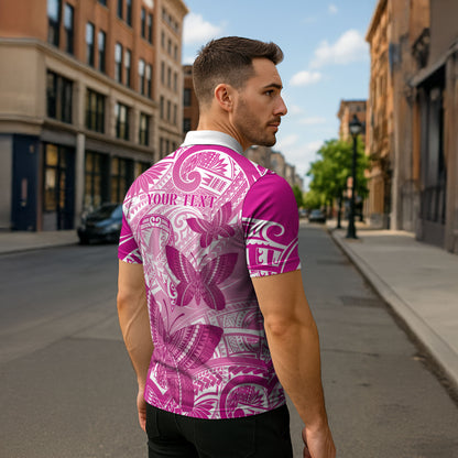 Personalised Polynesia Breast Cancer Support Zipper Polo Shirt Think Pink Ribbon Polynesian Butterflies