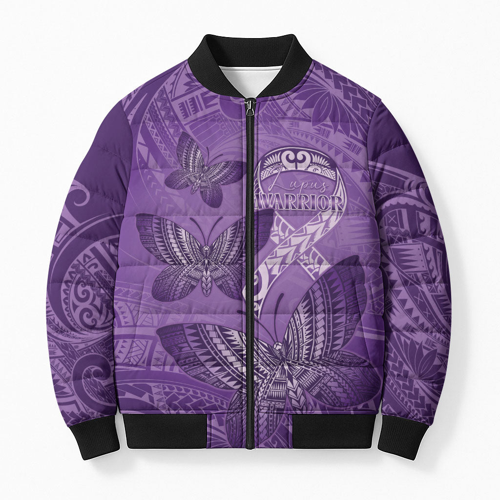 Personalised Polynesia Lupus Support Month Bomber Puffer Jacket Warrior Purple Ribbon Polynesian Butterflies