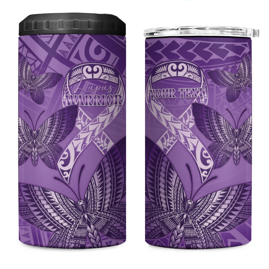 Personalised Polynesia Lupus Support Month 4 in 1 Can Cooler Tumbler Warrior Purple Ribbon Polynesian Butterflies