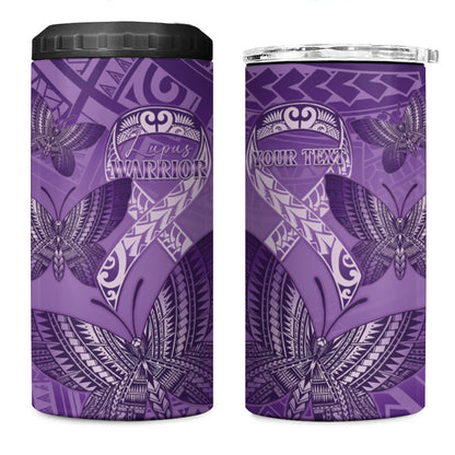 Personalised Polynesia Lupus Support Month 4 in 1 Can Cooler Tumbler Warrior Purple Ribbon Polynesian Butterflies