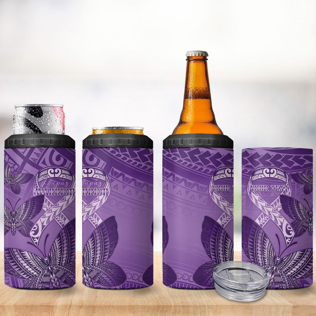 Personalised Polynesia Lupus Support Month 4 in 1 Can Cooler Tumbler Warrior Purple Ribbon Polynesian Butterflies