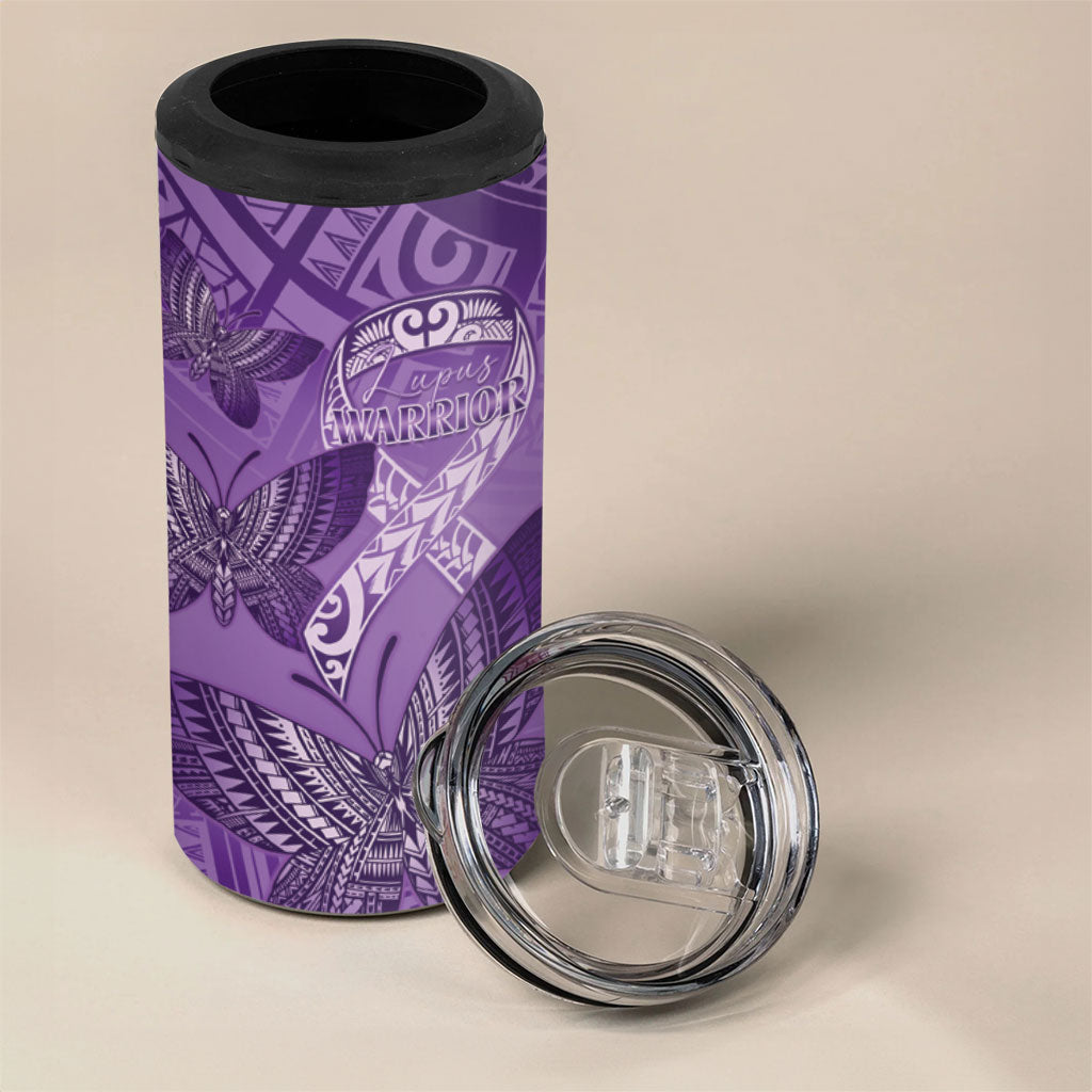 Personalised Polynesia Lupus Support Month 4 in 1 Can Cooler Tumbler Warrior Purple Ribbon Polynesian Butterflies