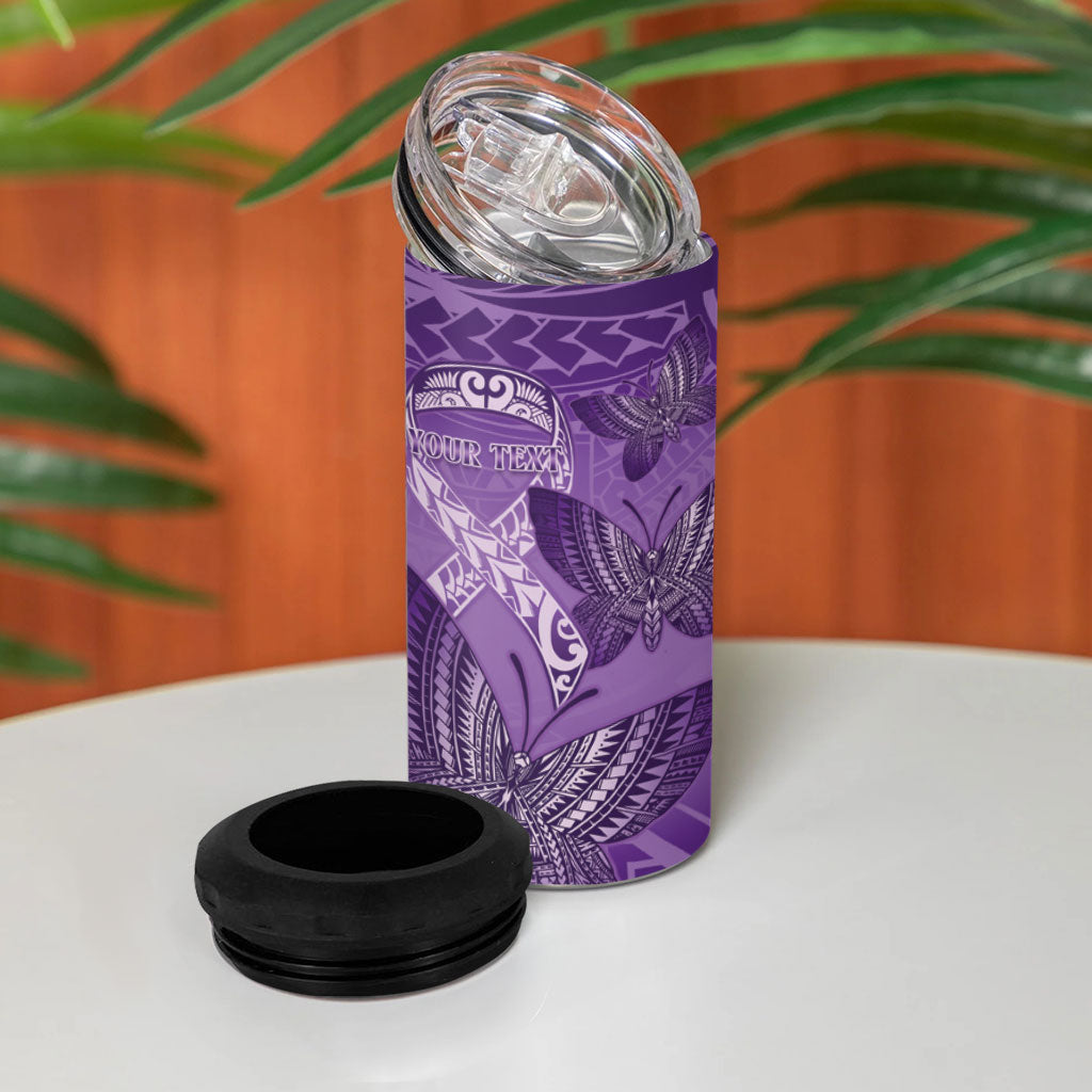 Personalised Polynesia Lupus Support Month 4 in 1 Can Cooler Tumbler Warrior Purple Ribbon Polynesian Butterflies