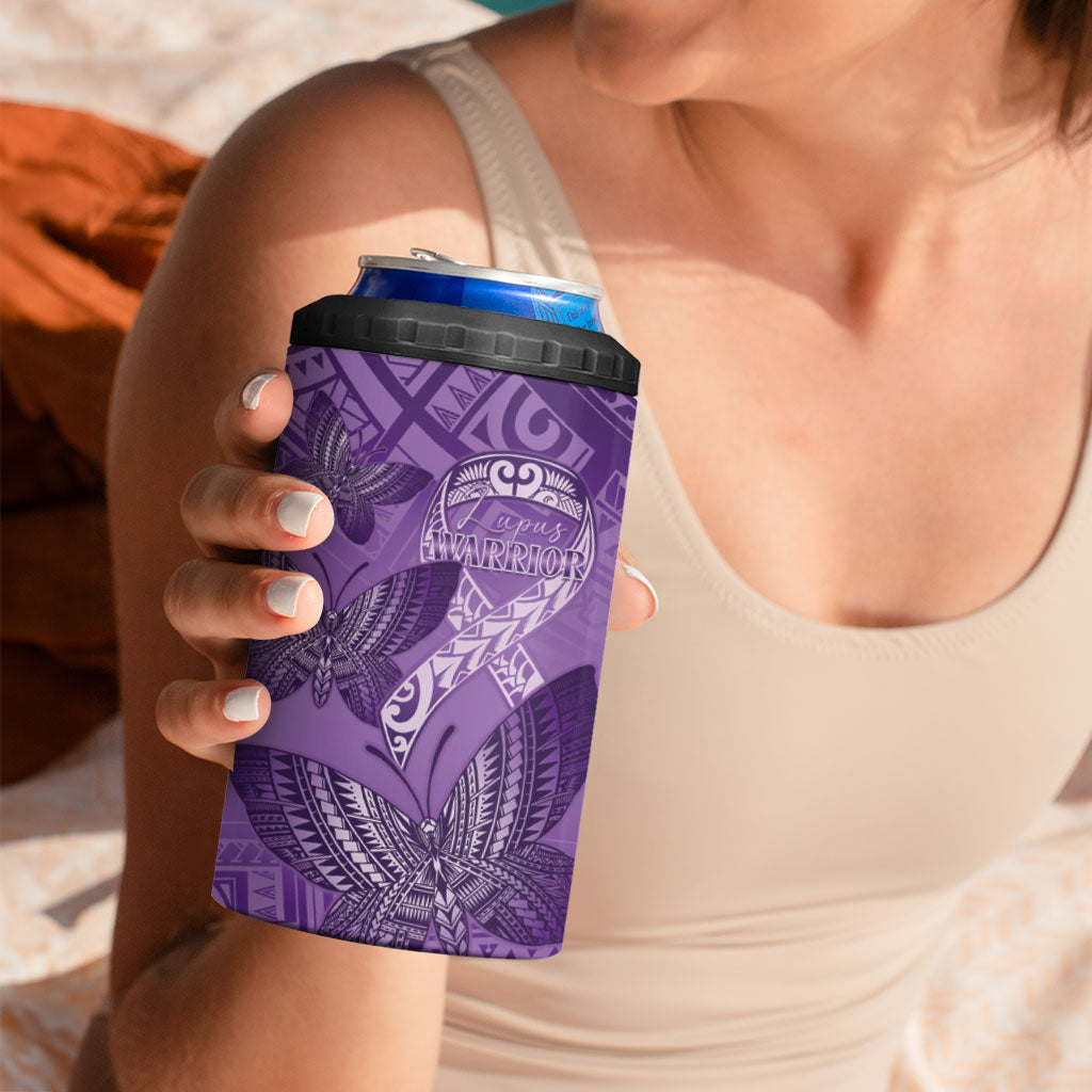Personalised Polynesia Lupus Support Month 4 in 1 Can Cooler Tumbler Warrior Purple Ribbon Polynesian Butterflies