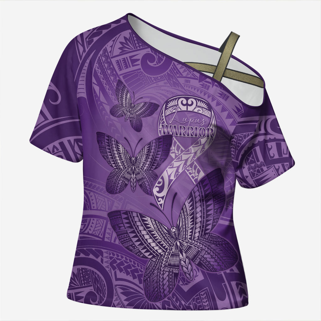 Personalised Polynesia Lupus Support Month Cross Shoulder Shirt Warrior Purple Ribbon Polynesian Butterflies