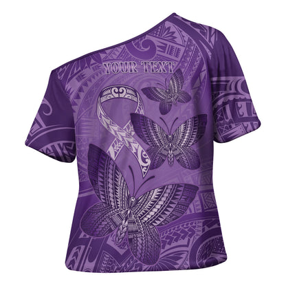 Personalised Polynesia Lupus Support Month Cross Shoulder Shirt Warrior Purple Ribbon Polynesian Butterflies