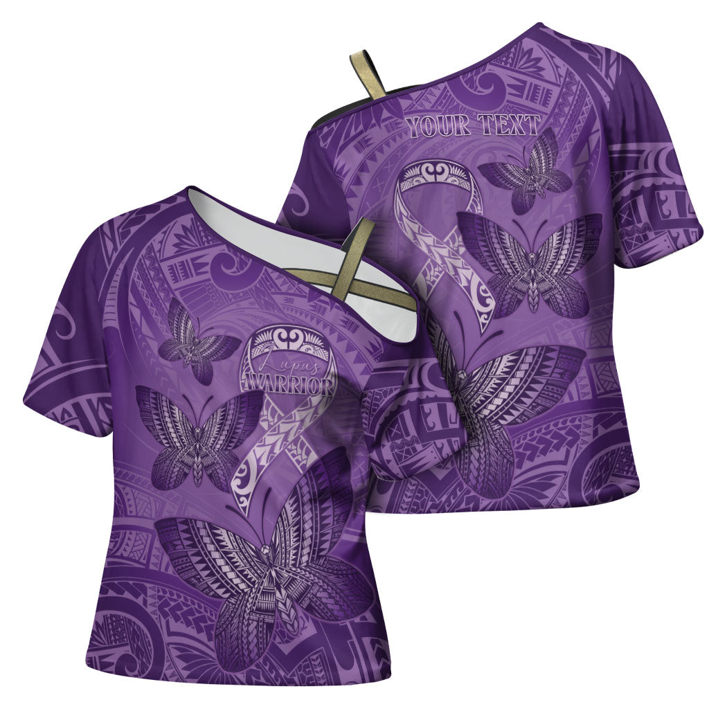 Personalised Polynesia Lupus Support Month Cross Shoulder Shirt Warrior Purple Ribbon Polynesian Butterflies
