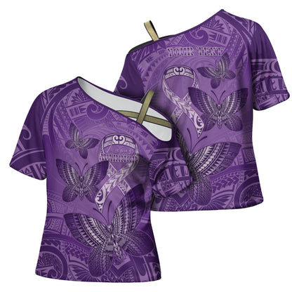 Personalised Polynesia Lupus Support Month Cross Shoulder Shirt Warrior Purple Ribbon Polynesian Butterflies