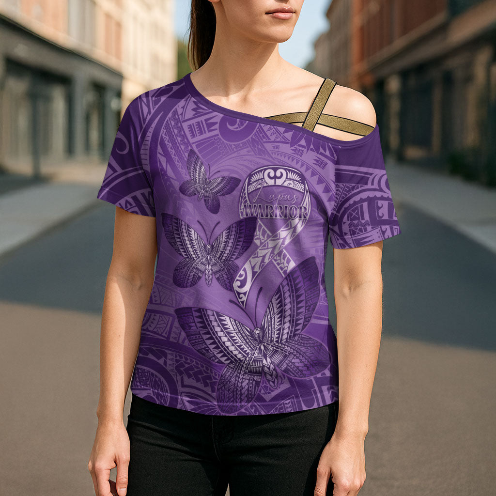 Personalised Polynesia Lupus Support Month Cross Shoulder Shirt Warrior Purple Ribbon Polynesian Butterflies
